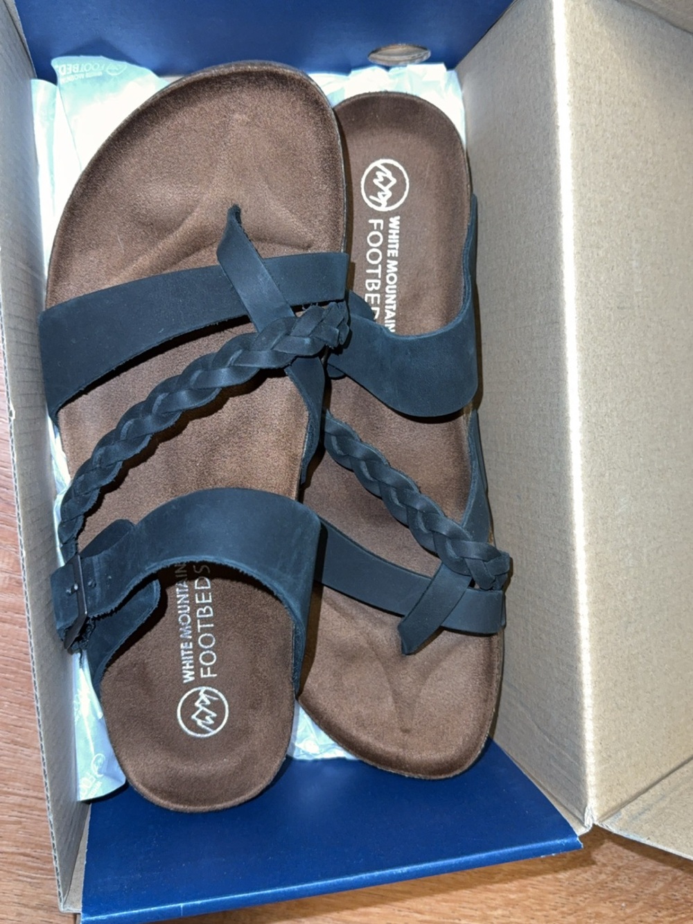 White Mountain Black Braided Strappy Footbed Sandals
